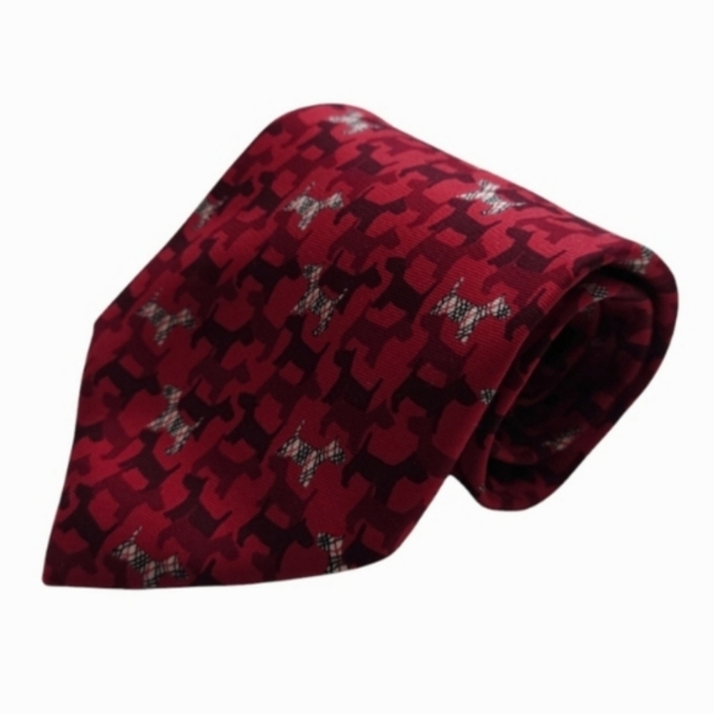 BURBERRY London Authentic Silk Tie Red Burgundy Dog Theme Print